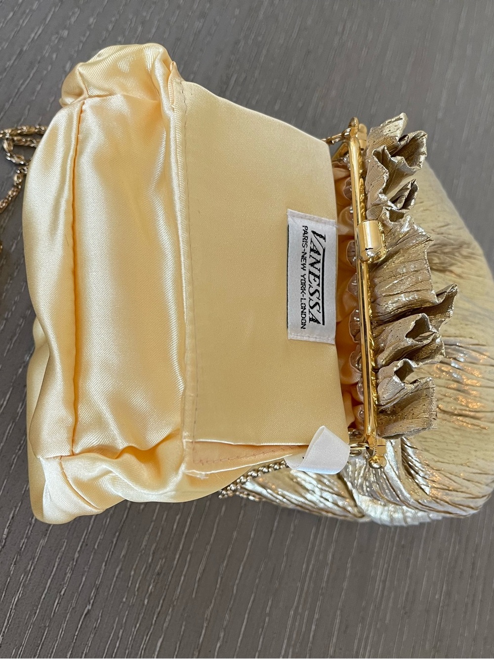 Gold Metallic Ruched Drawstring Wristlet with Chain Strap - Picture 7 of 11